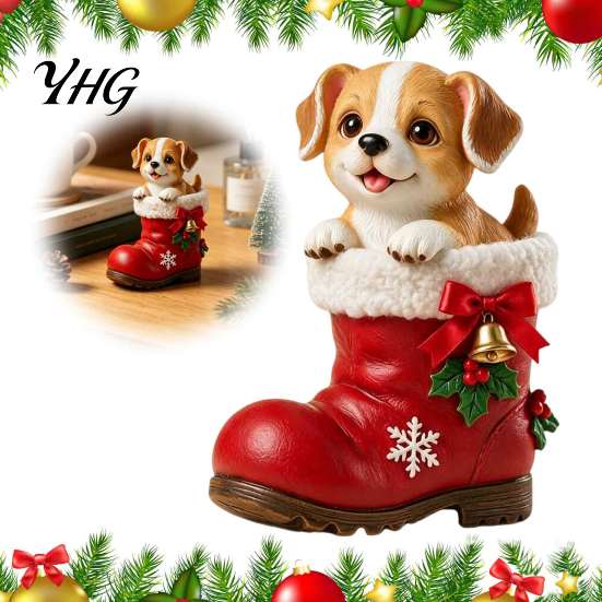 Seasonal Living Room Accents Christmas Puppy in Santa Boot Resin Figurine, Cute Dog Holiday Tabletop Decor with Theme Desktop Bow Bell Holly, Festive