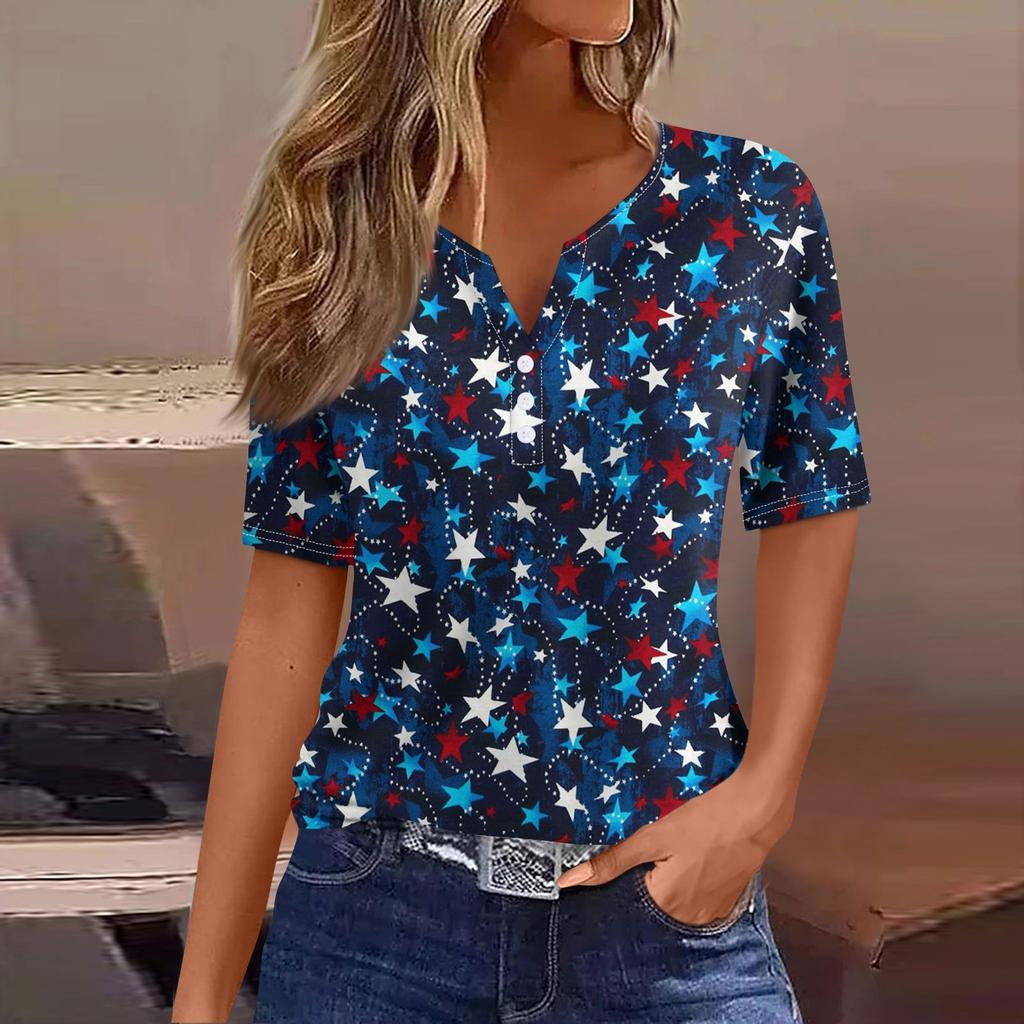 Жен. Футболка Футболка С принтом Пуговицы С короткими рукавами Повседневные Выходные Мода Классический V-образный вырез Обычный Верх