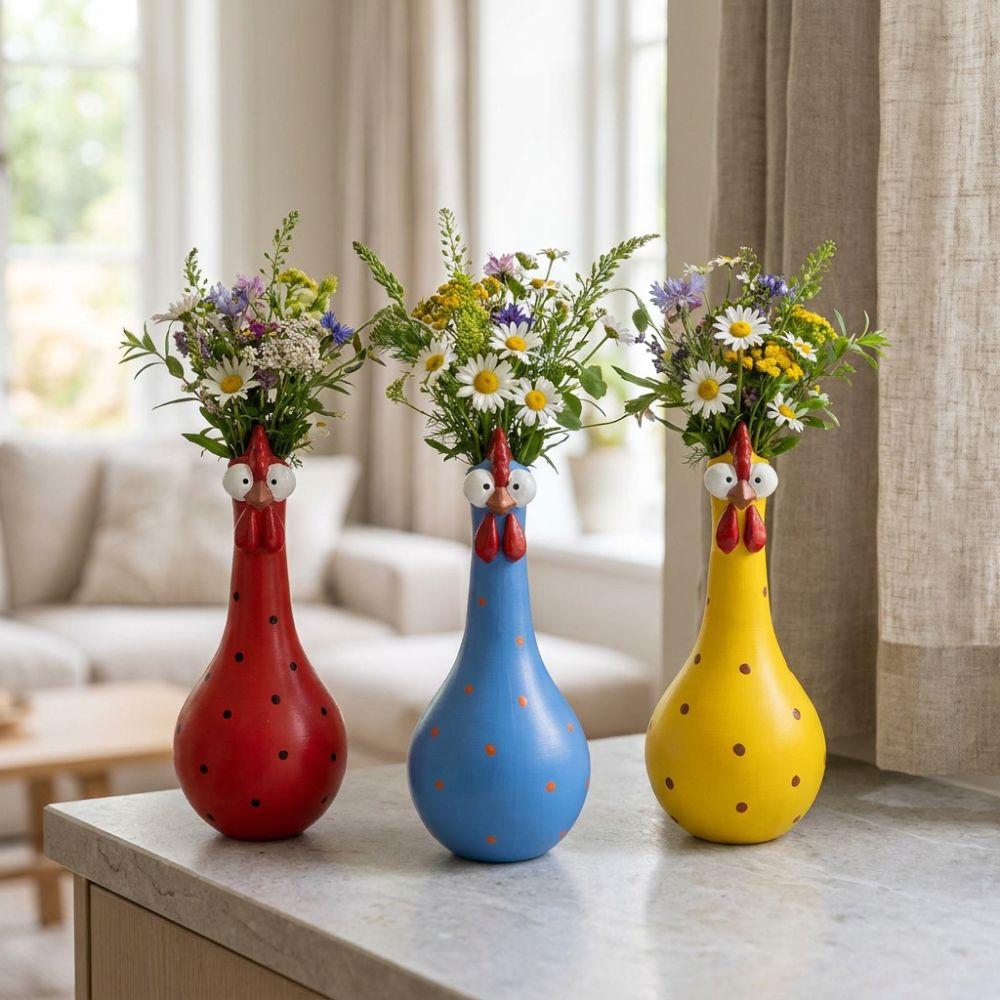 Lifelike Rooster Sculpture Vase Colorful Dot Flower Arrangement Vase Living Room Decor