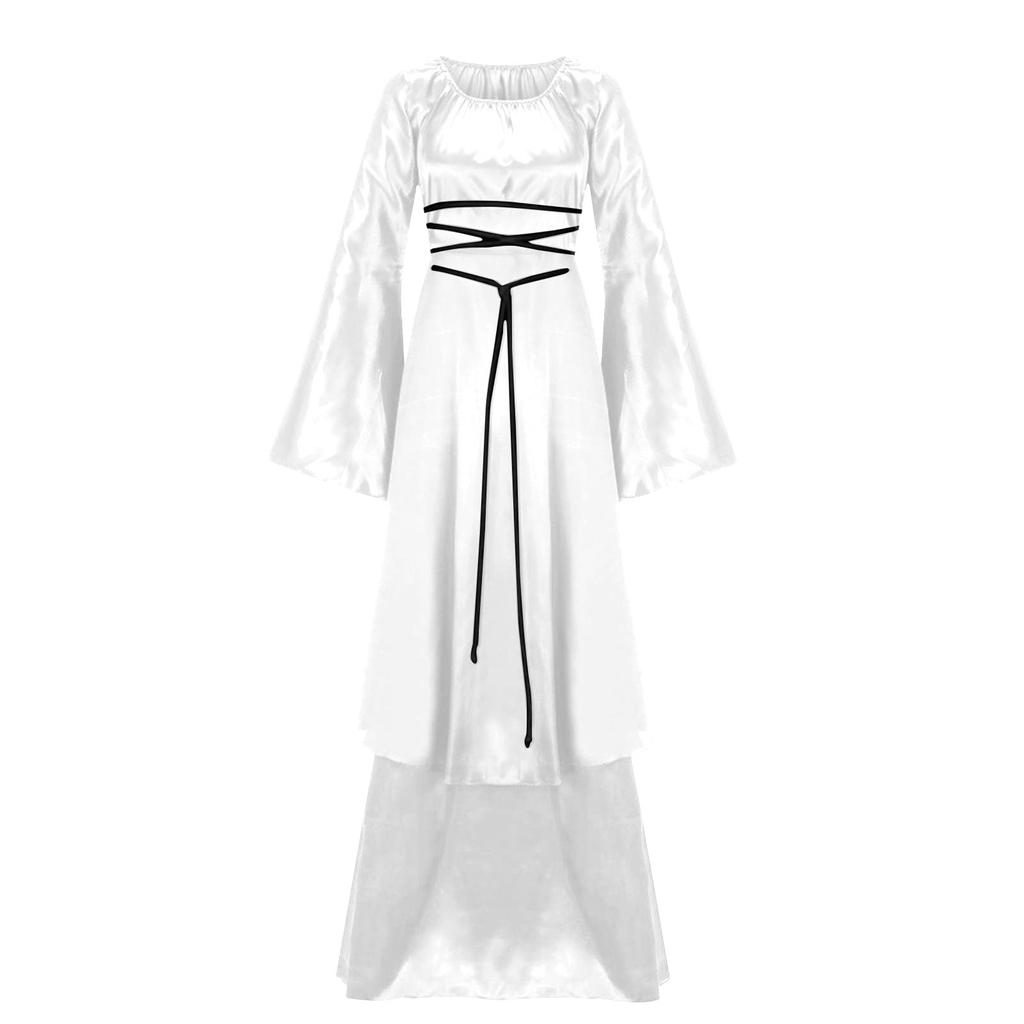 Elegant Dress Long-Sleeved Square-Neck Belted Irregular Dress Retro Clothing Halloween Cosplay Party Comfortable Dress