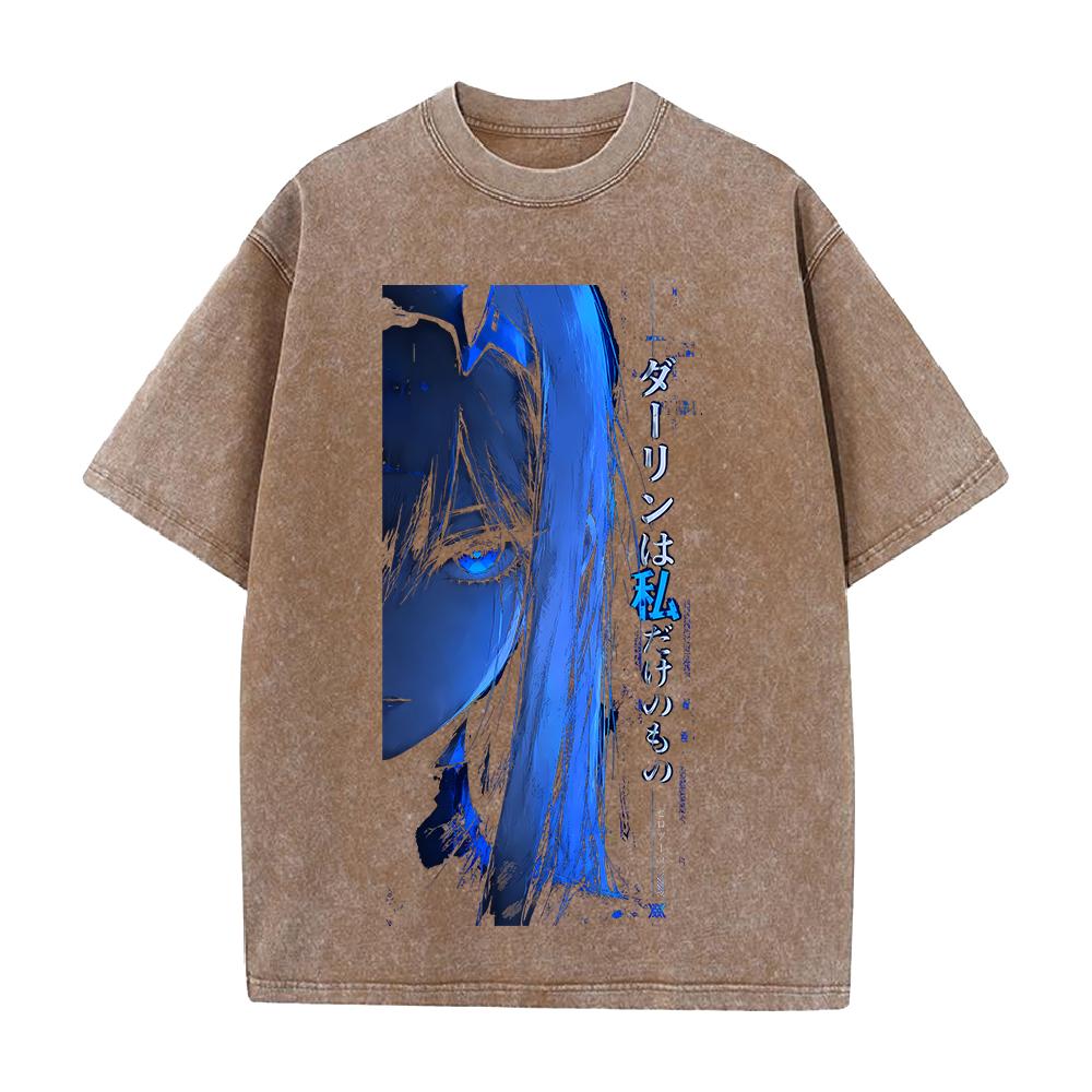 DARLING in the FRANXX Zero Two Printed Tee Men Women Short Sleeve Clothing Vintage Washed Cotton T-shirt Casual Loose Streetwear