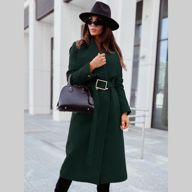 Long Sleeve Elegant Casual Wool Women Autumn Winter Solid Color Sweet V Neck Korean Loose Vintage Fashion Long Coat Blends 2022