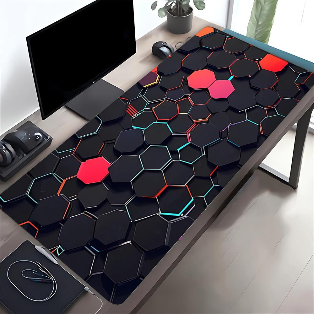 1pc Large Gaming Mouse Pad, UV Reactive Non-Slip Desk Mat, Washable PolyesterHexagon, Neon, PatternComputer Pad with Vibrant Game Machine Pr