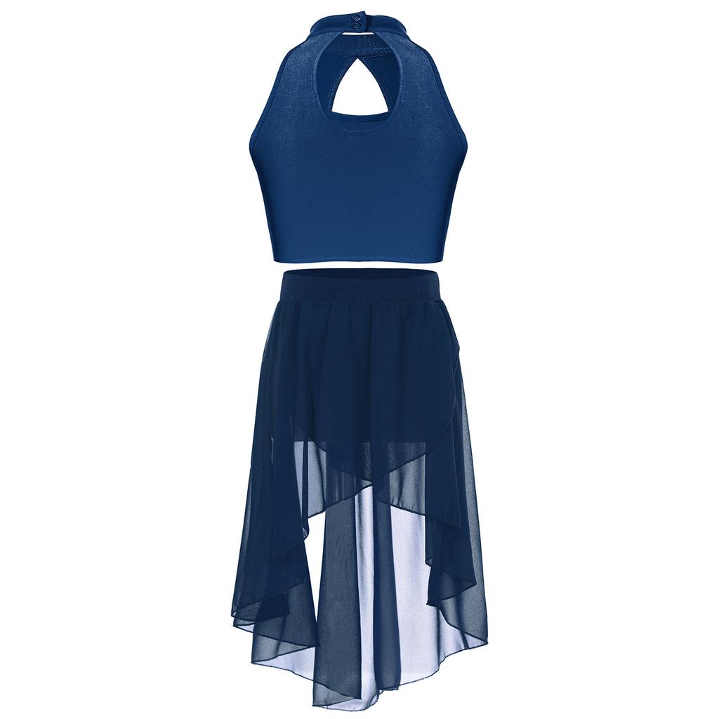 Kids Two Piece Performance Costume Sequin Crop Top Hollow Front Keyhole Back Irregular Chiffon Skirt Dance Outfit Set