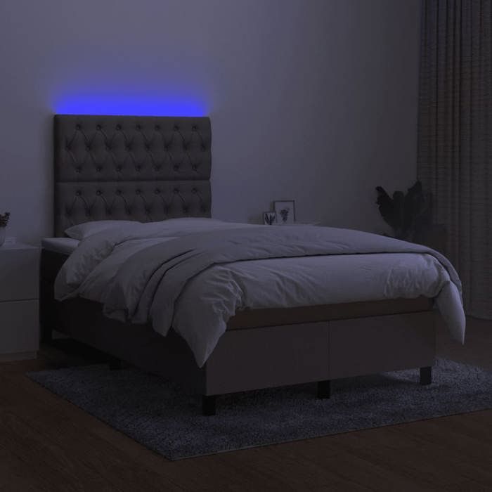 Sommier tapissier 120x190 cm avec matelas 20 cm, surmatelas, têtes de lit et bande LED taupe