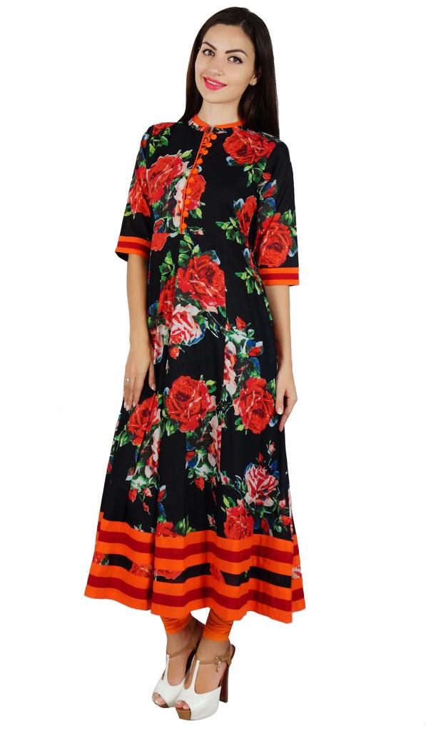 Bimba Women Printed Mandarin Collar Anarkali Kurti Indian Designer Ethnic