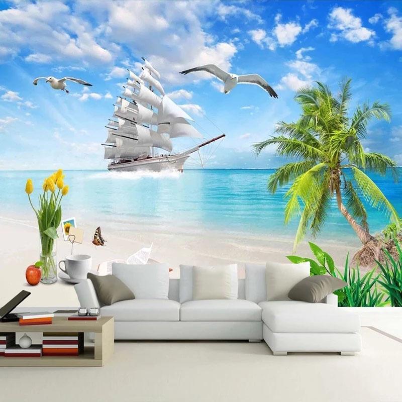 Пользовательские фотообои 3D Приморский пейзаж Кокосовая пальма Настенная роспись Гостиная Спальня Отель Обои