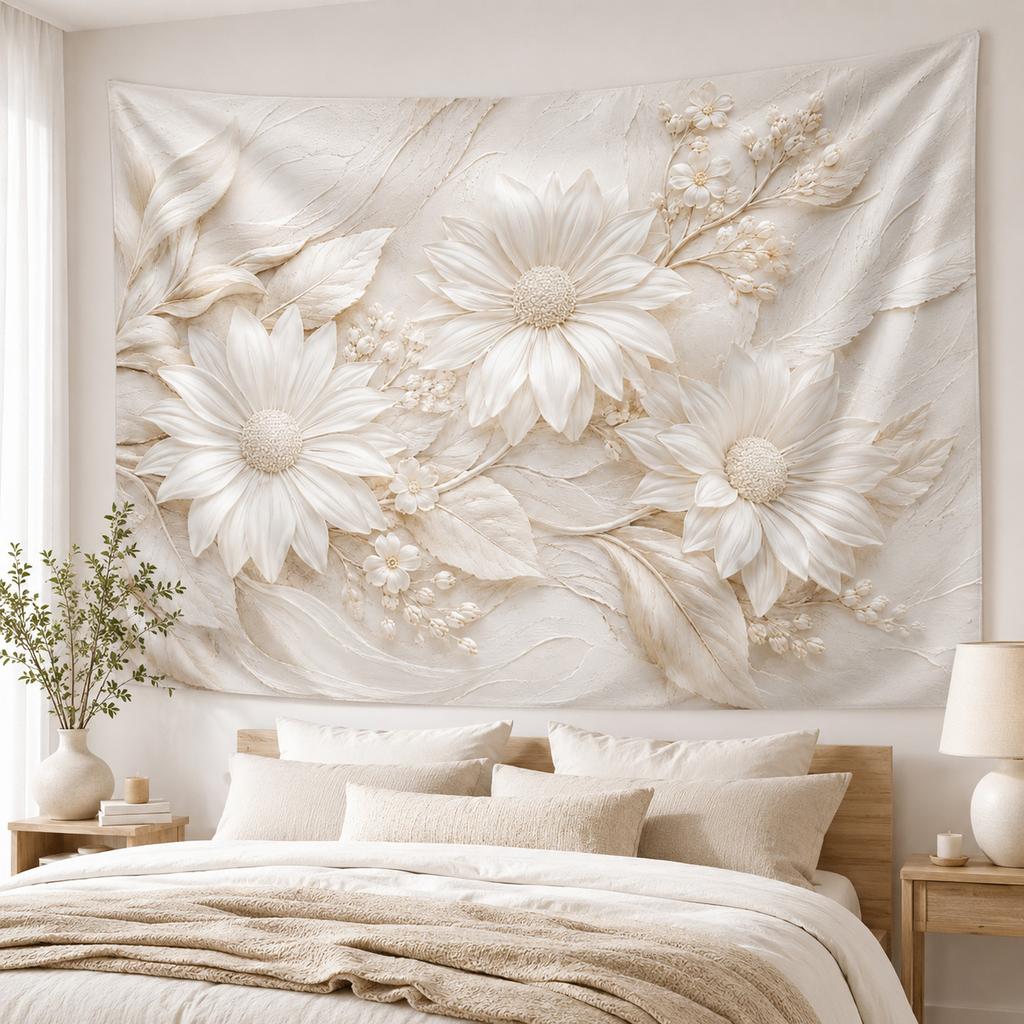 White Floral Tapestry Wall Hanging, Boho Bedroom Decor, Cream Daisy Flower Wall Art for Dorm Living Room Apartment