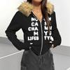 Womens Oversized Hooded Cropped Sweatshirt With Fuzzy Brown Trim Streetwear Pullover Top