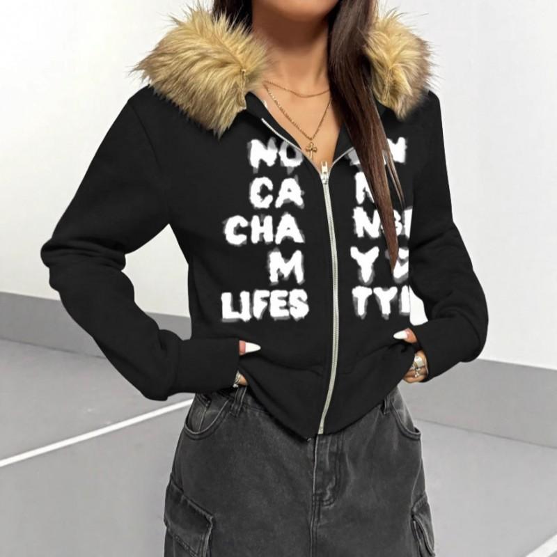 Womens Oversized Hooded Cropped Sweatshirt With Fuzzy Brown Trim Streetwear Pullover Top