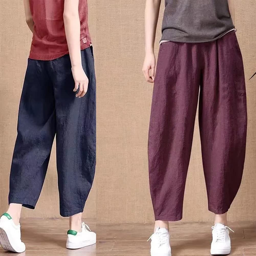 Хлопковые шаровары, свободные простые повседневные брюки с эластичной талией, летние укороченные брюки темно-синего цвета [JINJUDUO] женские (Л, синий)