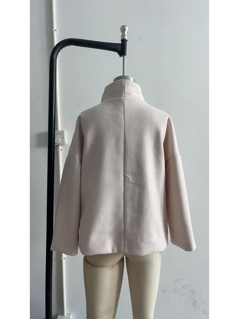 Однотонное двубортное короткое пальто с воротником-стойкой 2025 года - с длинным рукавом, Осень/Зима