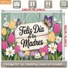 2D Feliz Día de las Madres Photography Backdrop, Rustic Wood Sign with Tulips and Butterflies Background