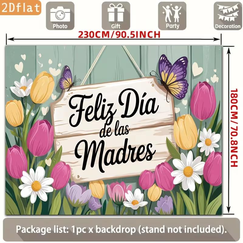 2D Feliz Día de las Madres Photography Backdrop, Rustic Wood Sign with Tulips and Butterflies Background