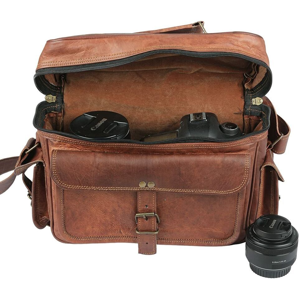 Кожаная сумка 12 дюймов Винтажная сумка-портфель из козьей кожи для фотоаппарата