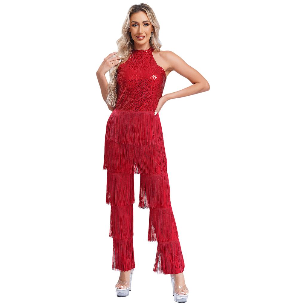 Women Sleeveless Jazz Costume Flowy Tassel Rompers Performance Dancewear Fringe Jumpsuit Tango Cha-Cha Samba Dancing Party Dress