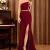 Elegant One-Shoulder Evening Dress with Metal Woven Belt and Slit