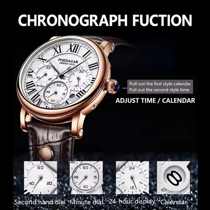 POEDAGAR Мужские Часы Модные Хронограф Кожаные Кварцевые Часы Водонепроницаемые Светящиеся Спорт Спортивные Наручные Часы Шестистрелочные Часы