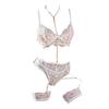 1 Set Sexy Bra Panties Garter Set Hollow Out See-through Lace Multi Strap High Waist Chain Decor Fishnet Elastic Thin Halter Neck Honeymoon