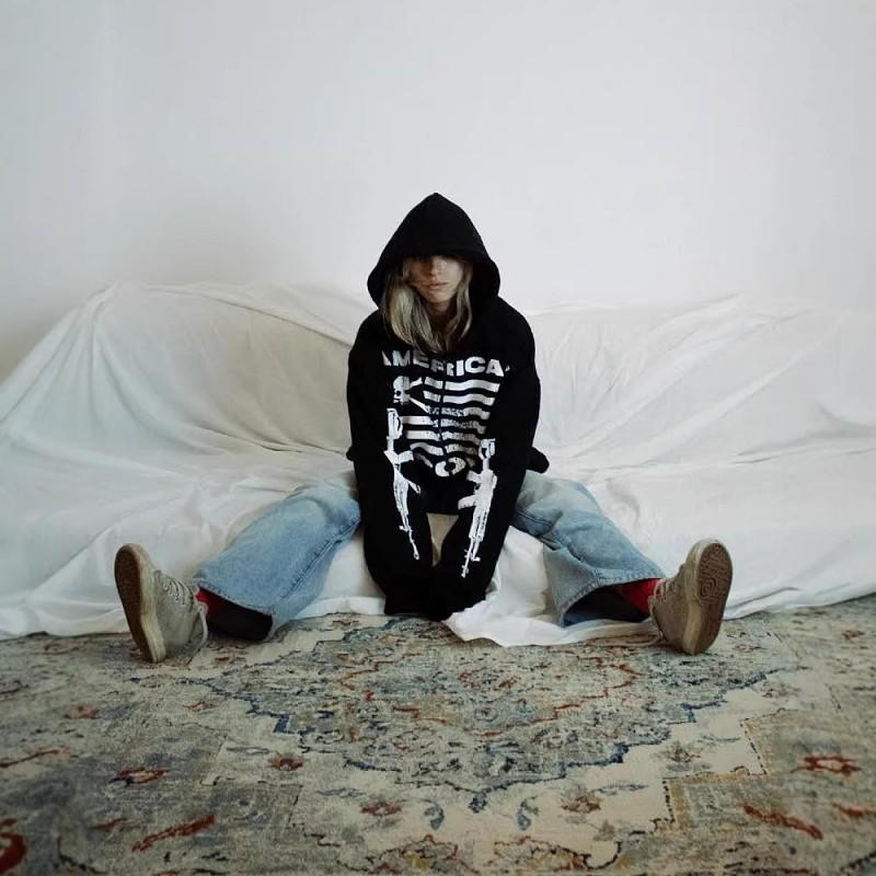 Vintage Gothic Zip-Up Hoodie Loose Fit Unisex Streetwear Sweatshirt Black Star Print