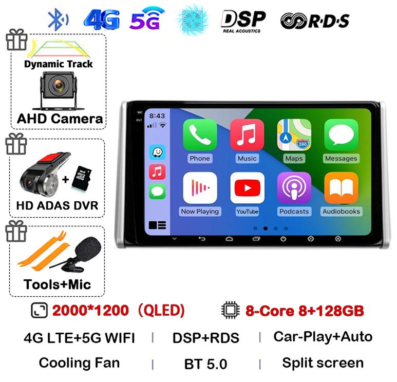 Android 14 Carplay Auto Для Toyota RAV4 XA50 2018 2019 2020 Автомагнитола GPS Мультимедийный плеер Стерео 4G WIFI Камера 360 Головное устройство