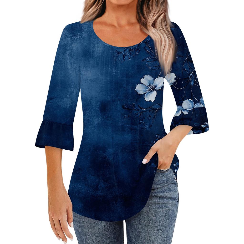 Женская модная повседневная плиссированная футболка с круглым вырезом и цветочным принтом, рукав три четверти