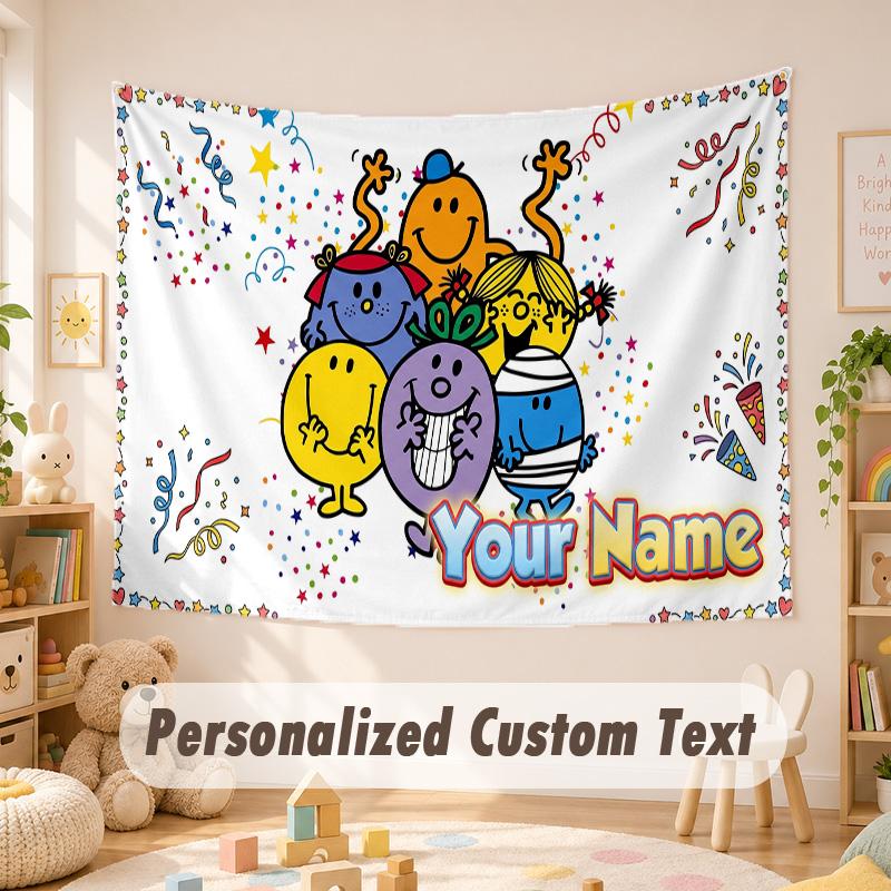 Custom Name Text Tapestry,Mr. Men & Little Miss Boho Wall Hanging, Decorative Backdrop Tapestry For Room