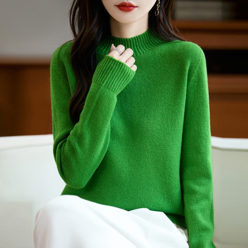 Women's Pure Color Wool Sweater - Half-High Collar, Loose Knit Pullover for Autumn/Winter