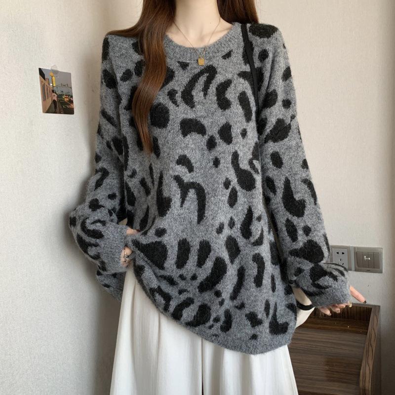 American Leopard Print Loose Long Sleeve Knit Pullover Plus Size Sweater for Women