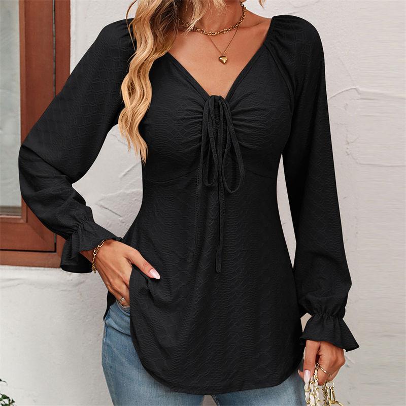 Women's Clothing Long Sleeve Girdle Drawstring Solid Color T-shirt V-neck