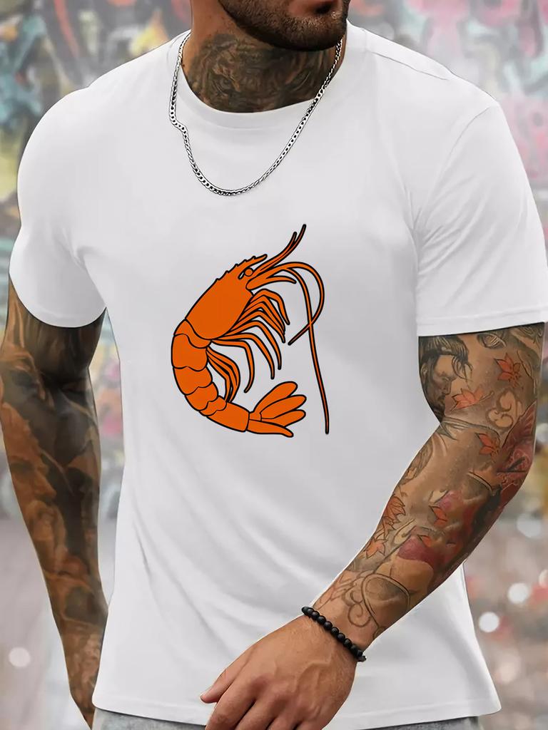 Unisex Summer White Short Sleeve Tee Minimalist Orange Shrimp Graphic Print Crew Neck Loose Casual Streetwear Male Fashion Tops