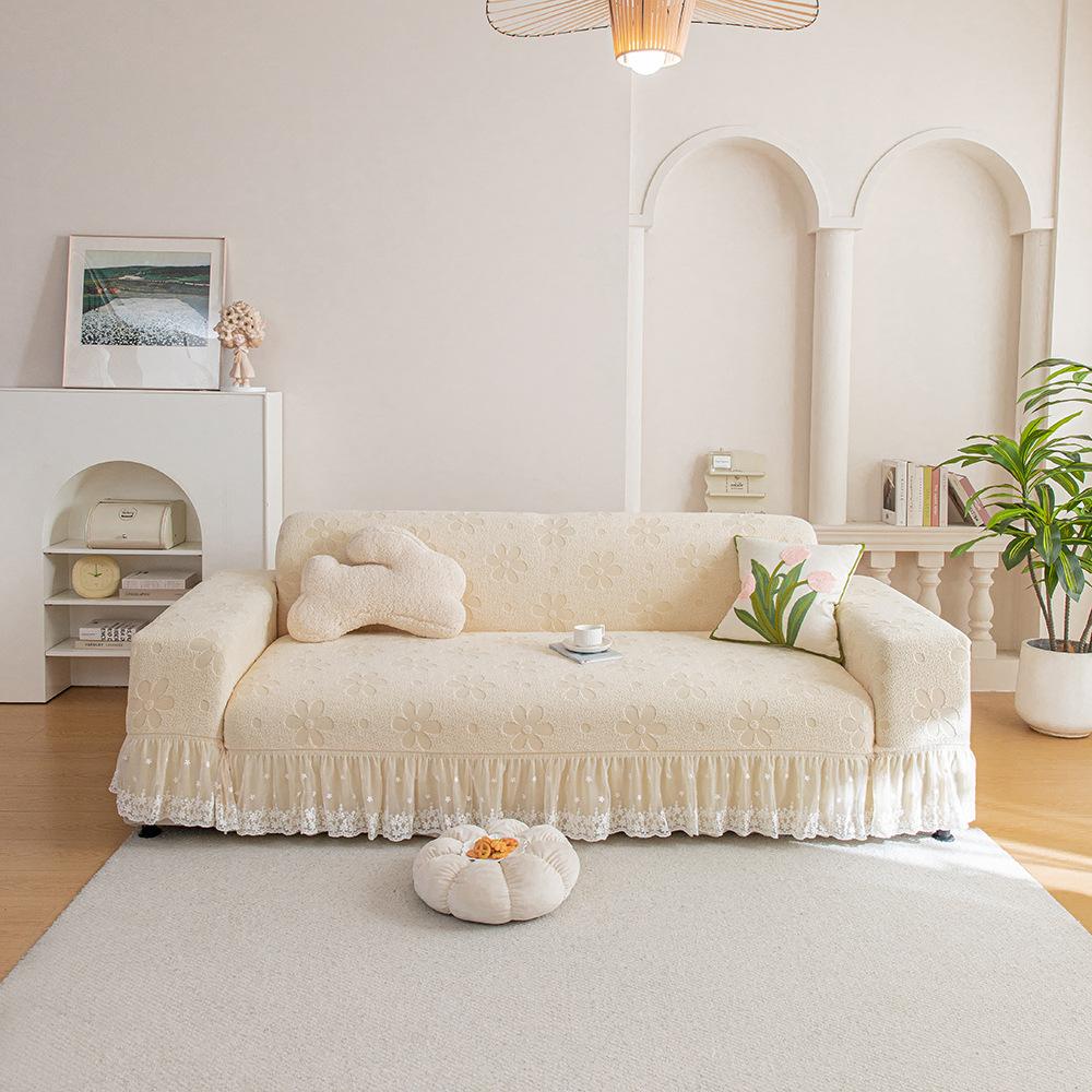 Чехол на диван с юбкой в стиле «Крем с цветами» Новый всесезонный универсальный чехол для защиты дивана с прямыми линиями и полной покрываемостью