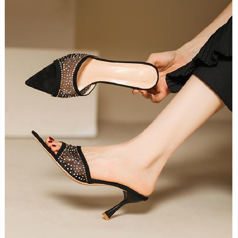 Модные женские туфли на высоком каблуке с рисунком «рыбьего рта» 2024 года, сетка, стразы, заостренный нос, модные туфли с открытым носком, на тонком каблуке, универсальные, Zapatos Mujer