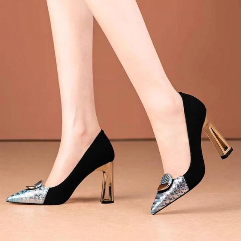 Модные женские туфли на высоком каблуке 43 размера 2024 года, сексуальные туфли-лодочки с острым носком, женская обувь, повседневные модные женские туфли-лодочки, удобные туфли на низком каблуке