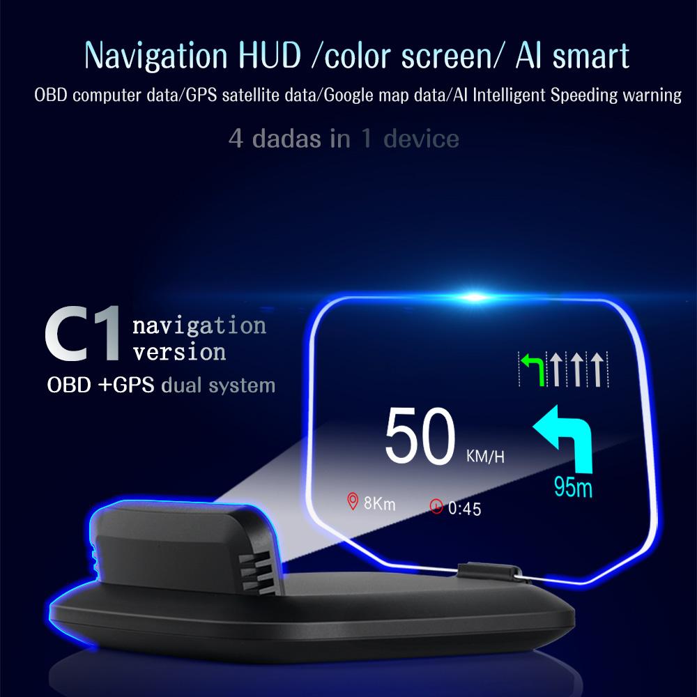 C1 Проекция Навигации для HUD OBD2 GPS Совместимый с Bluetooth Автомобильный Head Up Display Предупреждение о Превышении Скорости Оборотах Напряжении Автозапчасти