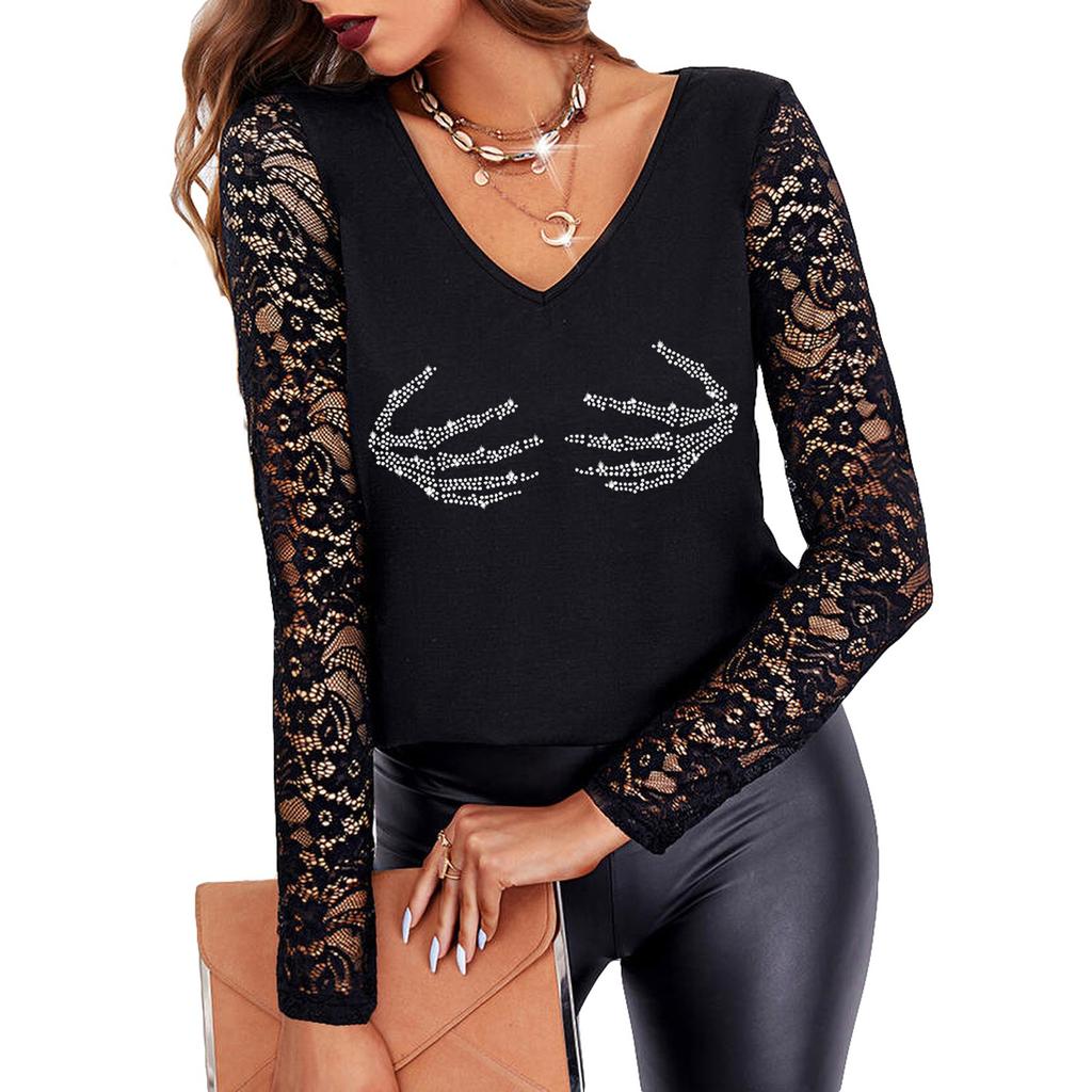 Женская сексуальная футболка с длинным рукавом и v-образным вырезом, кружевная модная футболка с принтом, пуловер, топы, блузка