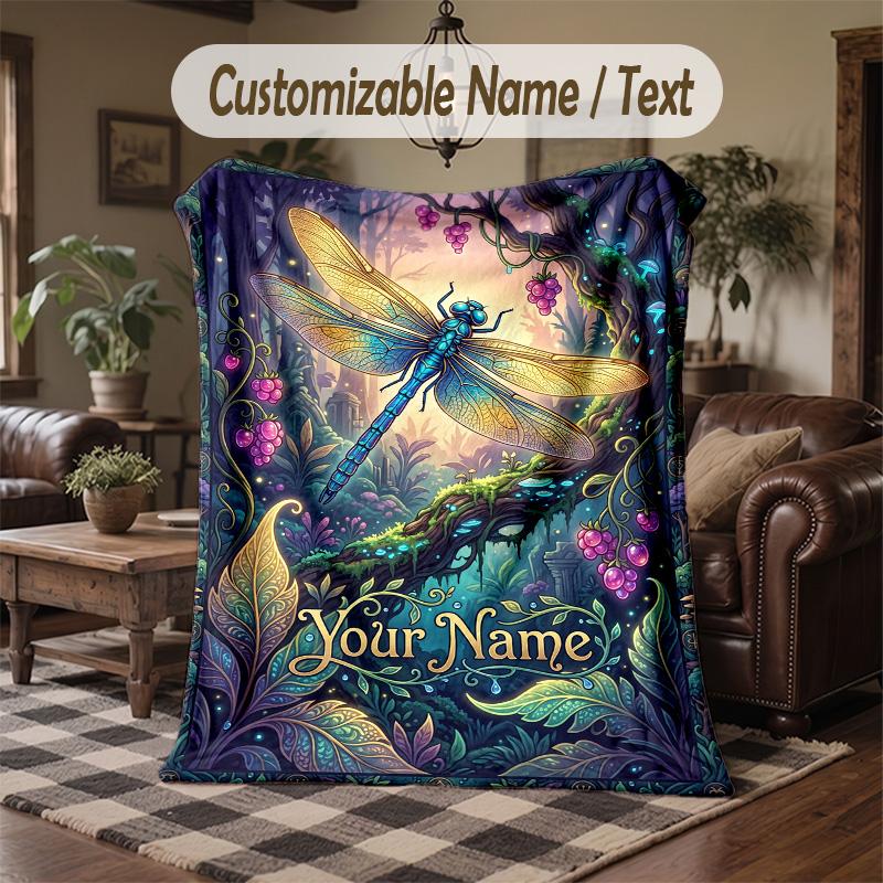 Dragonfly Fantasy Theme Throw Blanket Custom Name Text Personalized Blanket Soft Cozy Blanket for Home Sofa Bed