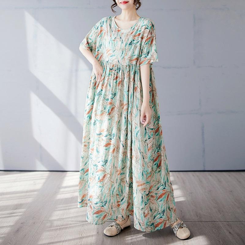 Новое хлопковое платье больших размеров с коротким рукавом и цветочным принтом для женщин, повседневное свободное длинное летнее платье