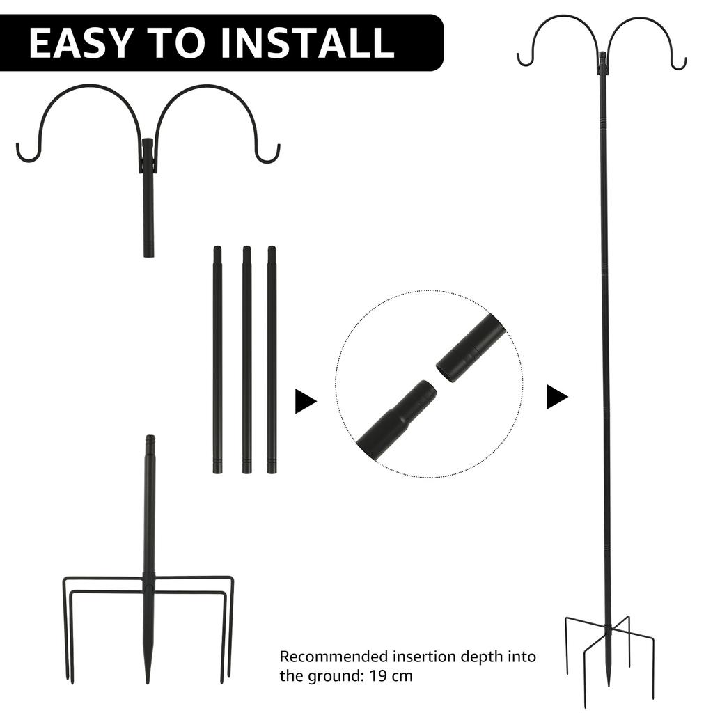 185CM Shepherds Hook Metal Double Hook Bird Feeder Hanger Height Adjustable Flowerpot Holder for Outdoor Lawn Garden Decoration