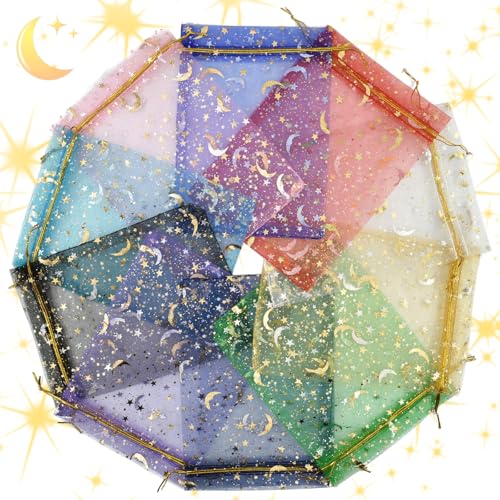 SHRJ 100 Piece Organza Drawstring Gift Bags 10 Colors 5 x 7 Inches Sheer Pouch with Moon Star Pattern for Wedding Birthday Party Favor Jewelry Candy
