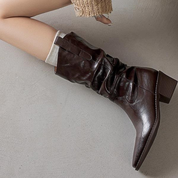 Короткие ботинки из кожи в стиле Майяр женские осенне-зимние ботинки ботинки на наборном каблуке ботинки средней высоты рыцарские ботинки толстый каблук ковбойские ботинки в западном стиле