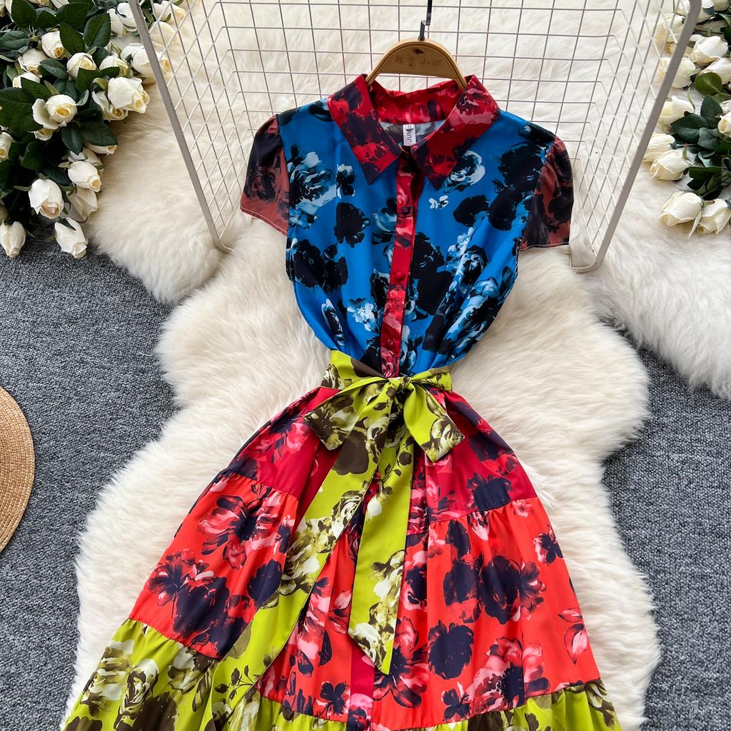 Summer Women Vintage Print Chiffon Turn-down Collar Shirt Single Breasted Holiday Beach Long Maxi Dresses