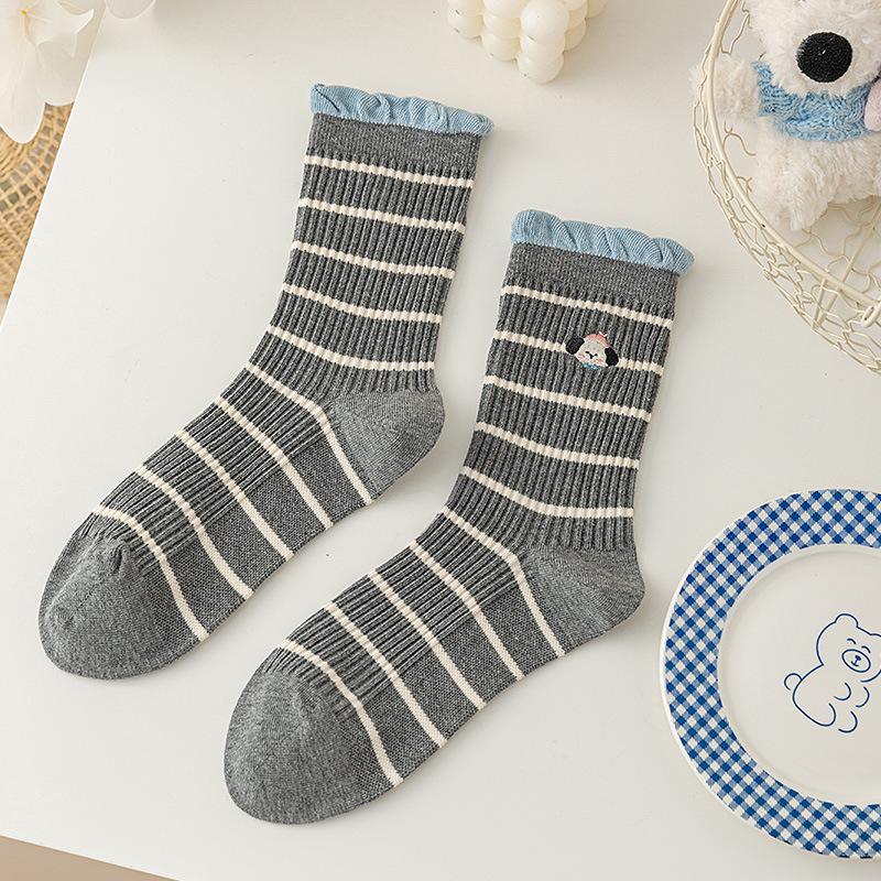 Women's Blue-Gray Striped Ruffled Socks with Lace Embroidery - Trendy Mid-Calf Style In Combed Cotton