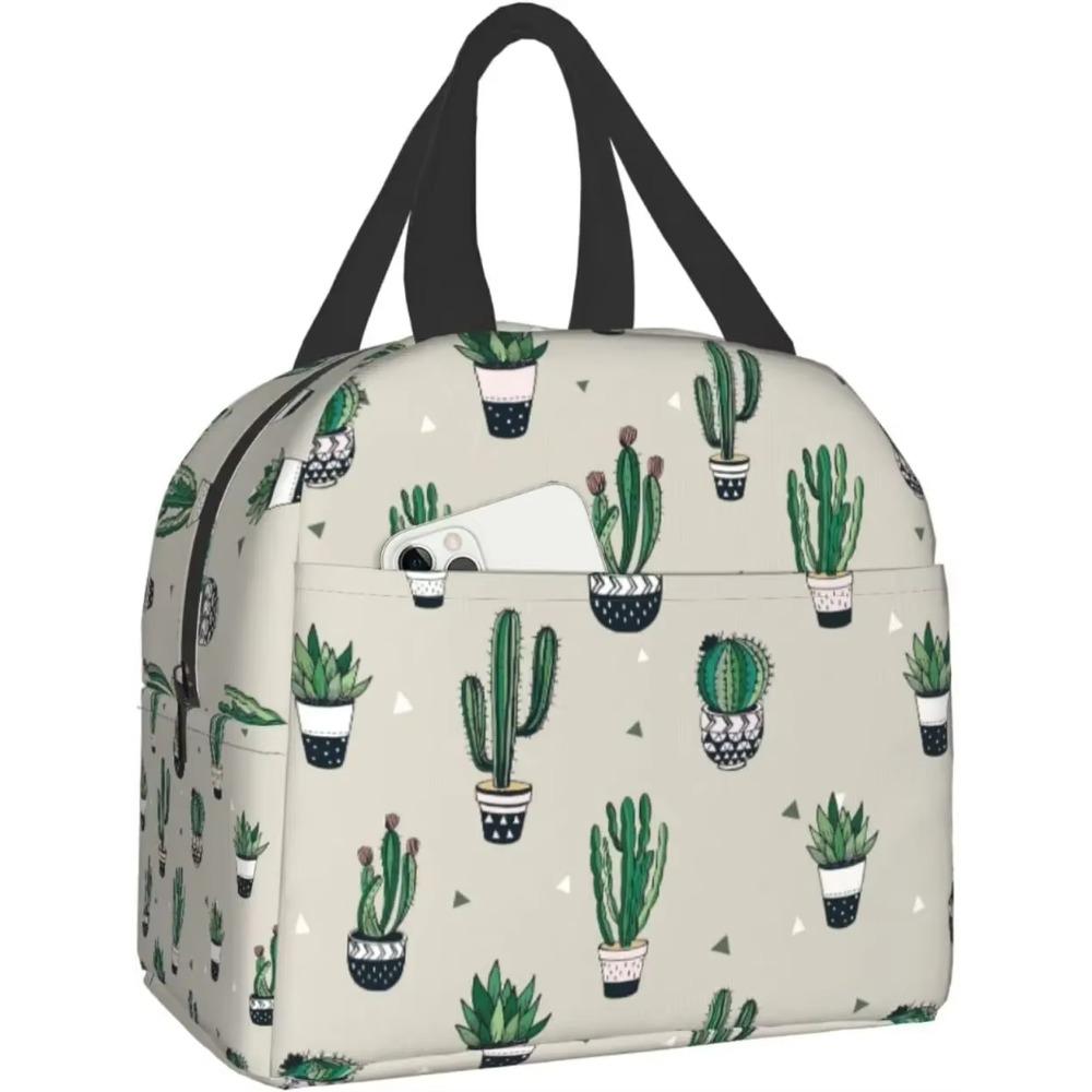 Lunch Bag Green Cute Cactus Reusable Water-Resistant Cooler Lunch Tote Box, Boys Girls Cute Container Lunch Bag School Office