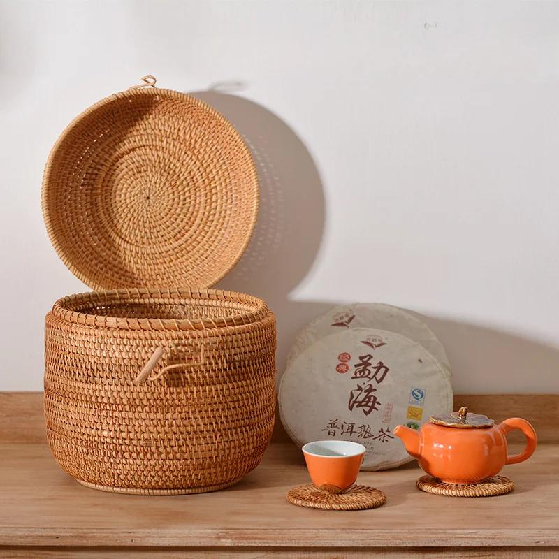 Handwoven Rattan Storage Box with Lid Tea Food Container Kongfu Tea Set Bread Fruit Basket with Lid Puer Tea Bag Organizer