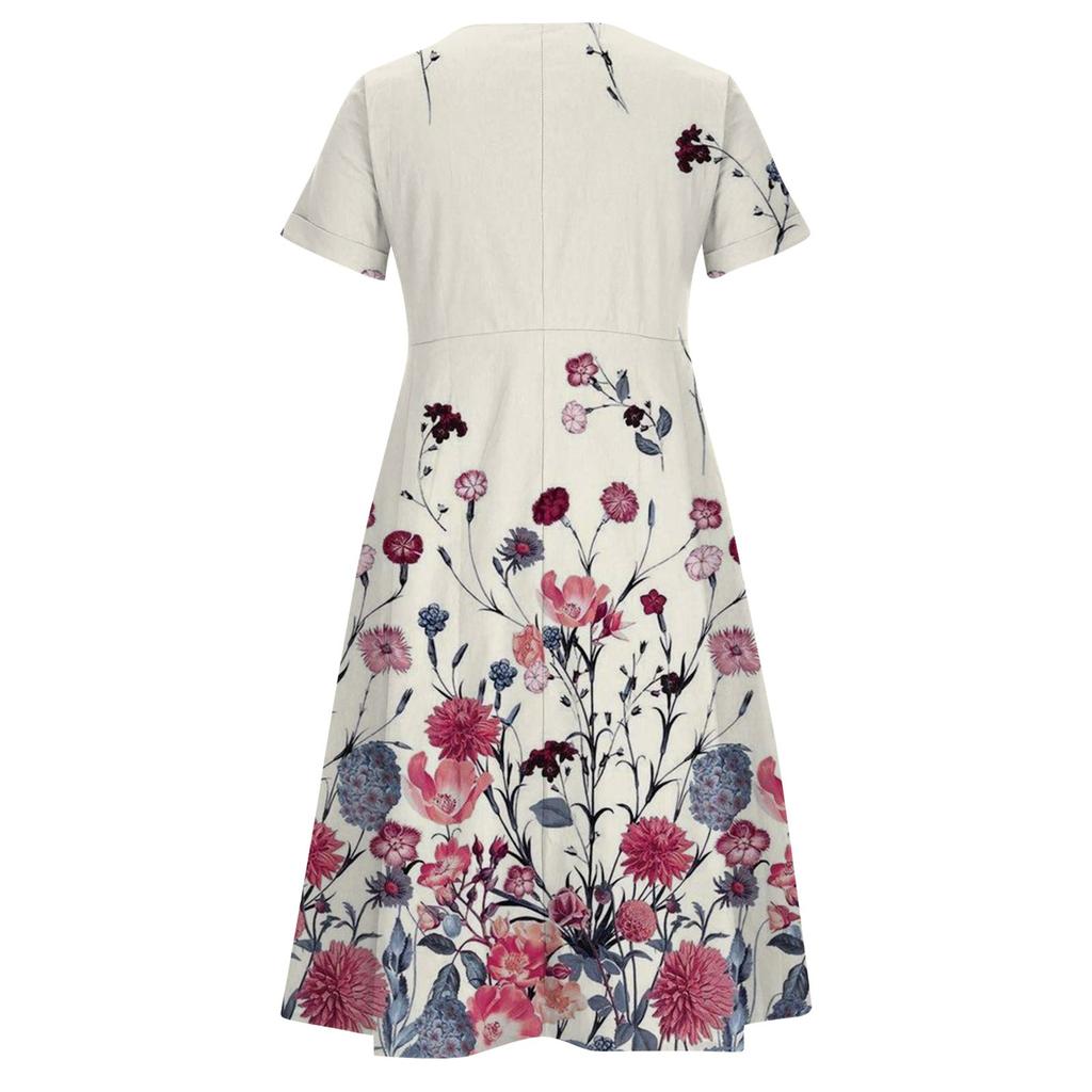 Women's Summer Casual Floral Print Button V Neck Short Sleeve Cotton Linen Dress
