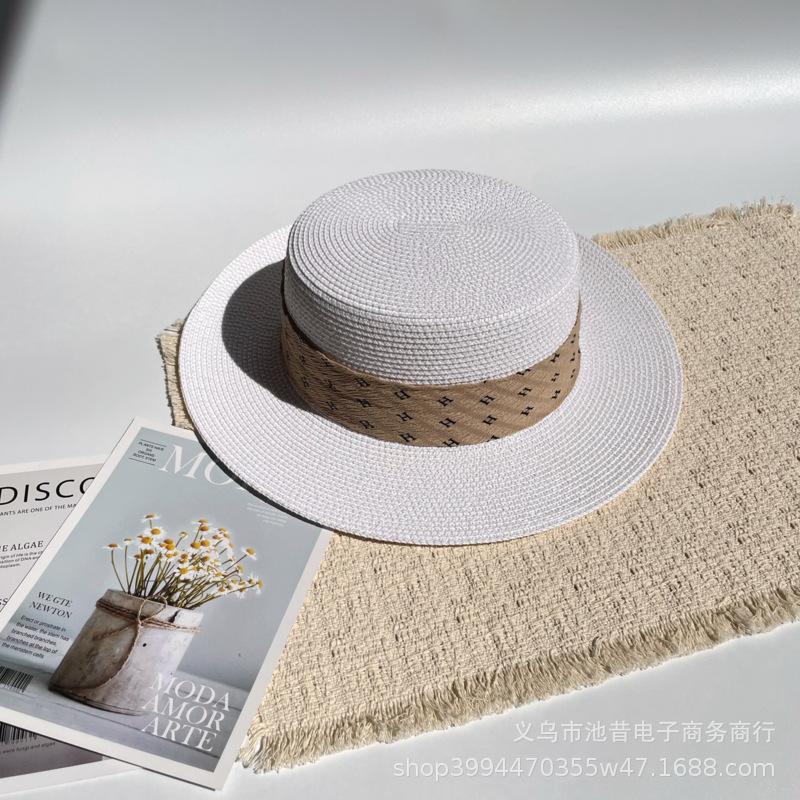 Small fresh letter webbing flat top straw hat female summer seaside photo shoot sun protection shade sand sun hat male