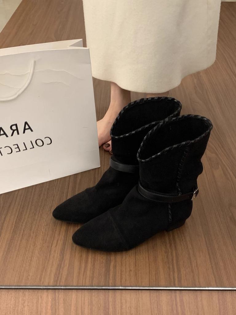 Ретро плиссированная пряжка ремня остроносые ботильоны женские новые с внутренней платформой универсальные удобные ковбойские сапоги в западном стиле