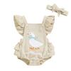 Baby Girls Rompers Fuzzy Duck/Cow Embroidered Ruffles Fly Sleeve Bodysuits Summer Clothes with Headband