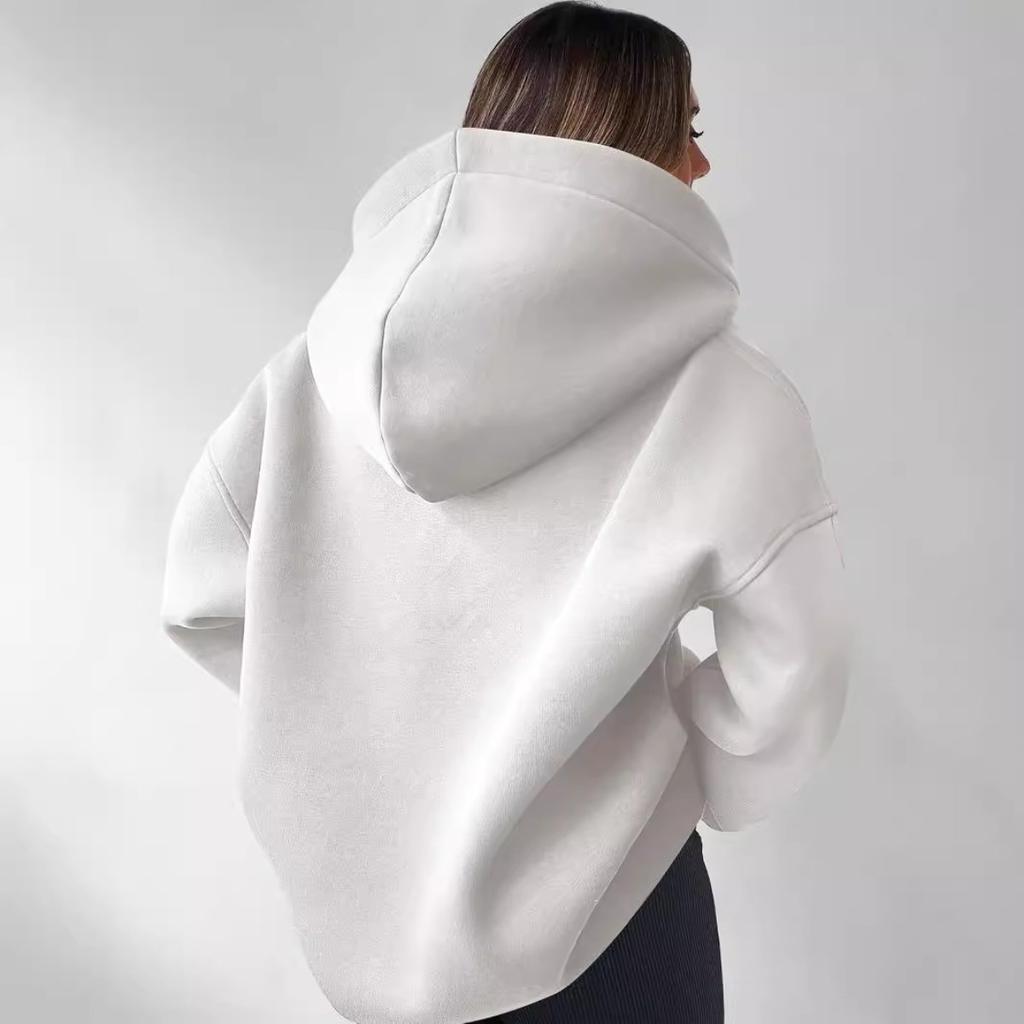 Women's Notch Hood Long Sleeve Sweatshirt Oversized Fit Casual Solid Polyester Pullover Hoodie